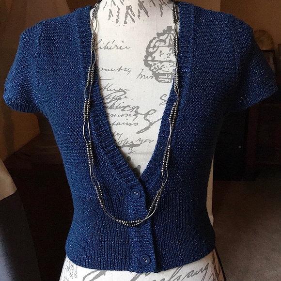EXPRESS Cropped Short Sleeve Bolero Royal Blue Sweater Top & Necklace Set, M - Picture 9 of 12